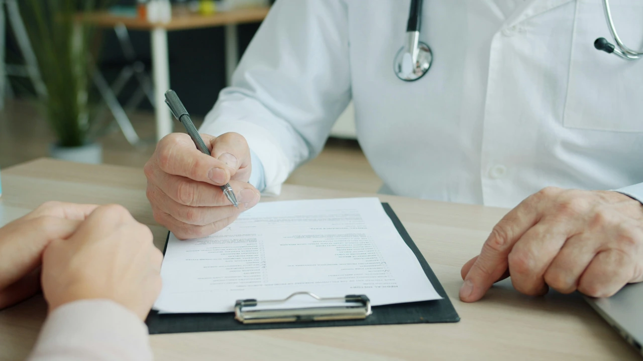 Doctor in a white coat reviewing and signing a document on a clipboard with a patient